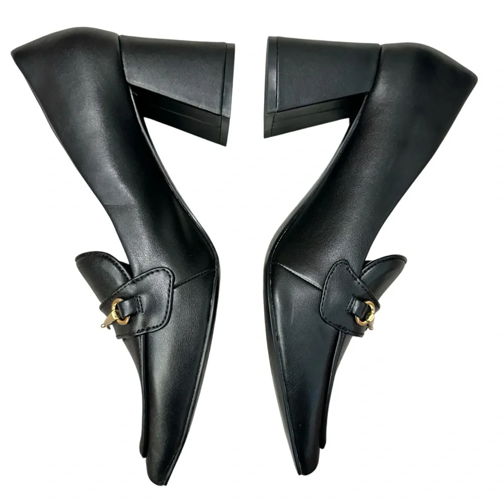 CHARLES DAVID Amity LoaferStyle BlockHeel Black Pump Gold Hardware PointedToe 9M